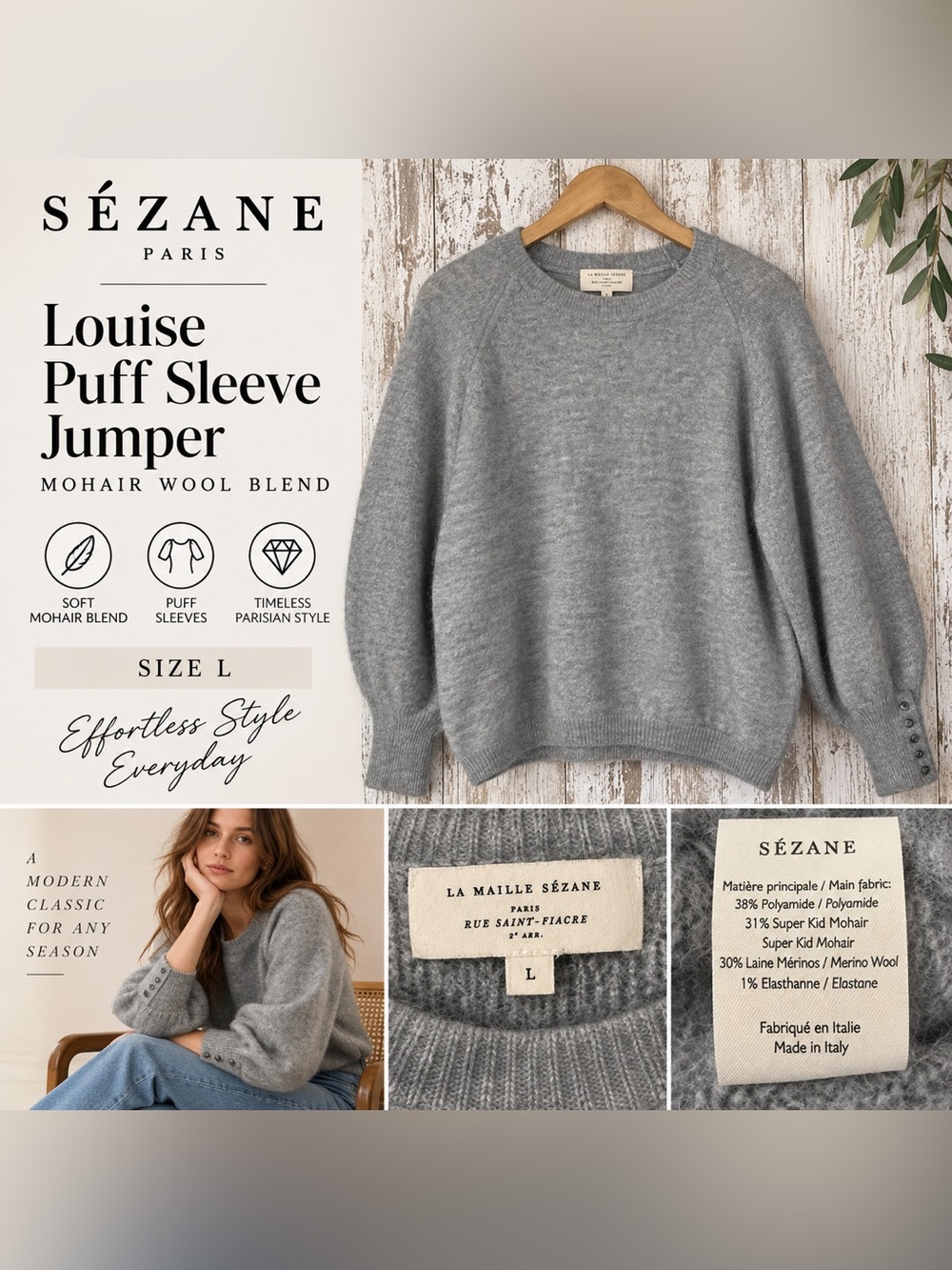 Sézane Louise Puff Sleeve Jumper Gray Mohair Merino Wool Sweater Size L